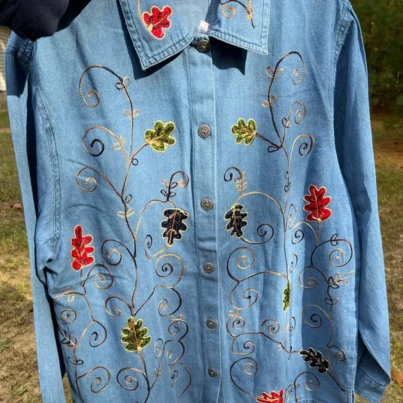 90s Adrian Delafield Embroidered Denim Button-Up Shirt Blouse Leaves Fall Fairy - Picture 9 of 14